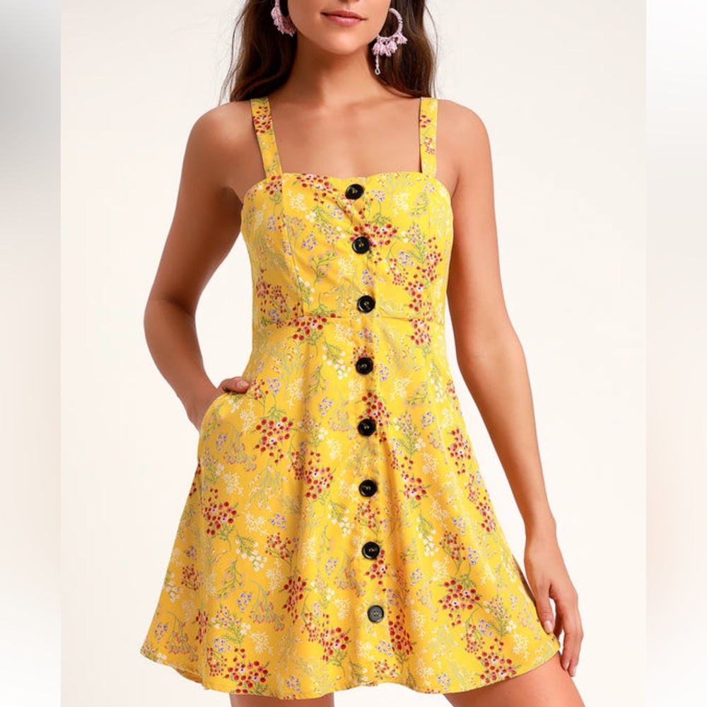 NWT Lulus Wandering Wildflower Yellow Floral Print Button-Up Skater Dress